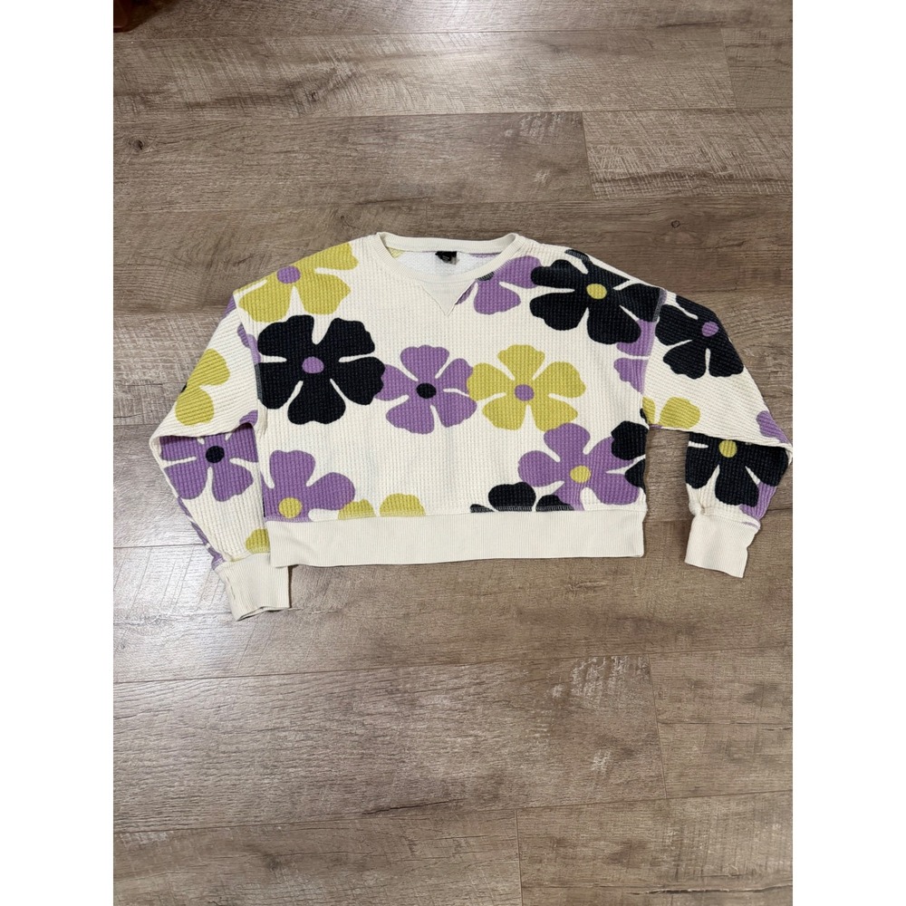 Art Class Girl's Floral Waffle Knit Sweatshirt Cream Purple Green L 10-12